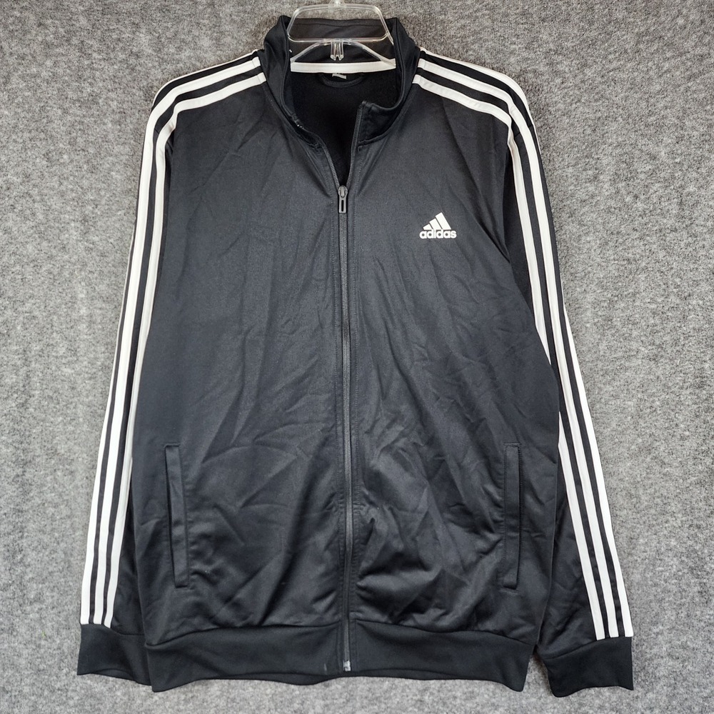 Adidas Track Jacket Mens Large Black White 3 Stripe Full Zip EUC